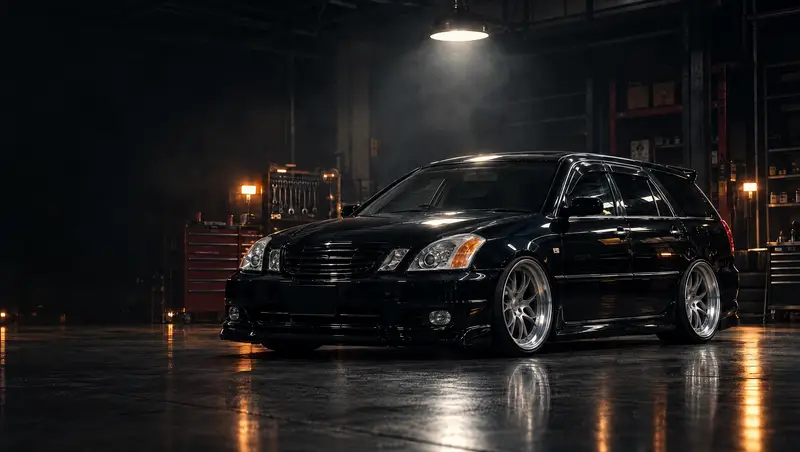 Black lowered Toyota Mark II Blit in a dark garage