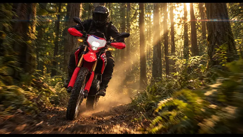Red dual-sport motorcycle on a forest trail