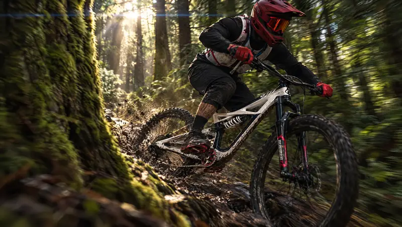 Mountain biker in a red helmet on a rainforest trail