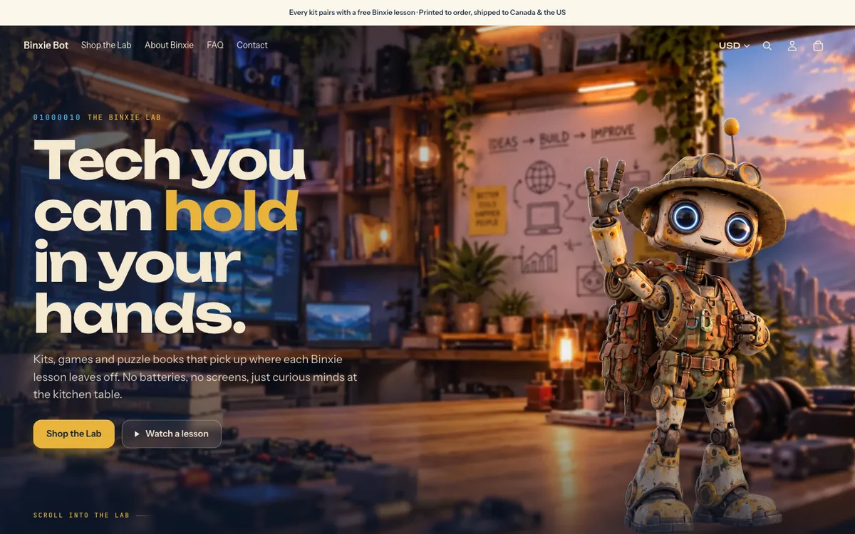 Binxie Bot storefront homepage with the Binxie robot mascot